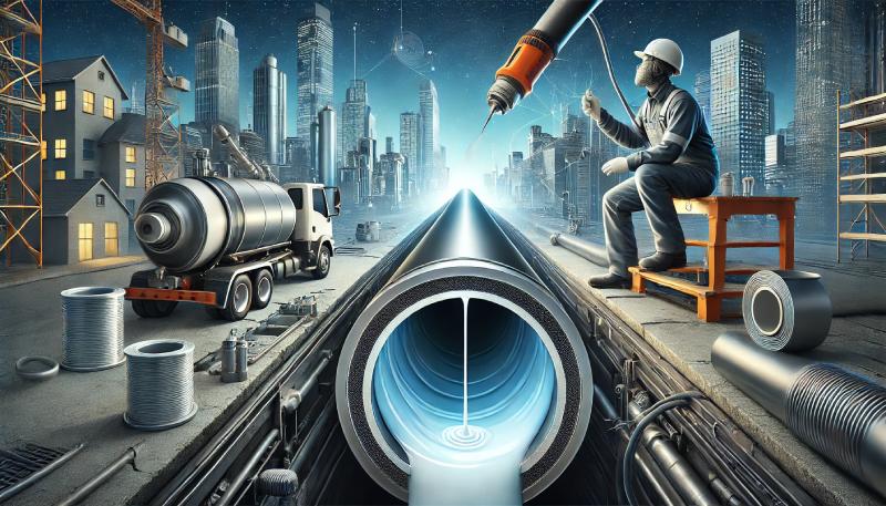 Worker applying epoxy spray liner to a large pipe in an urban construction setting, demonstrating innovative plumbing repair techniques.